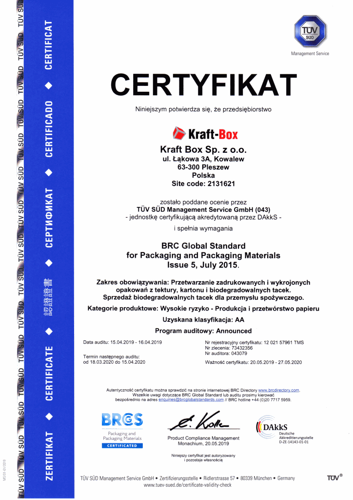 Certyfikat BRC Packaging and Packaging Materials Kraft-Box