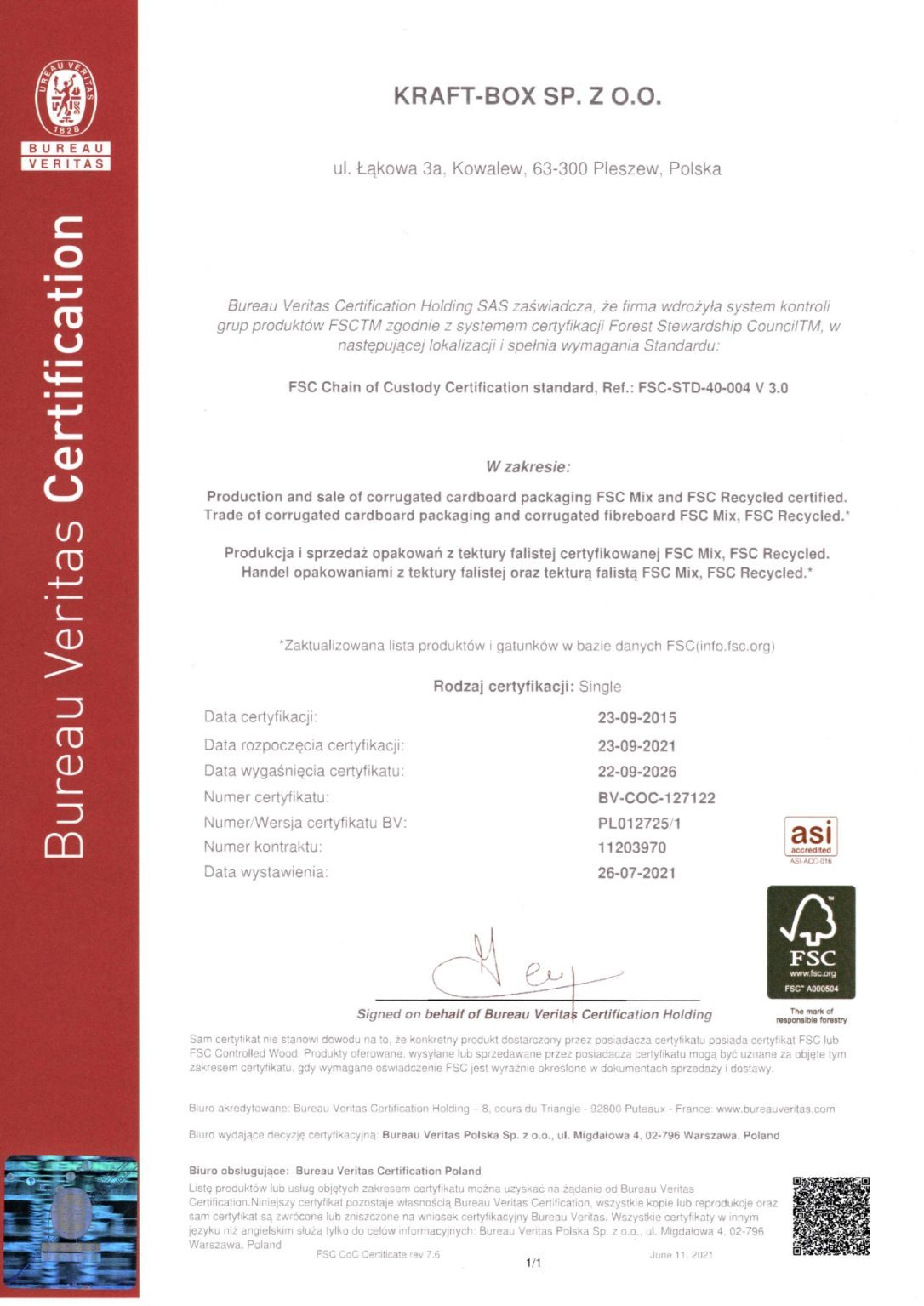 Certyfikat FSC Chain of Custody Kraft-Box