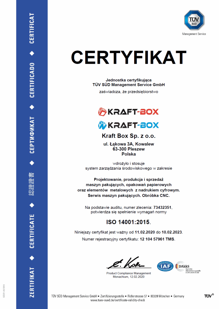 Certyfikat ISO 14001:2015 Kraft-Box