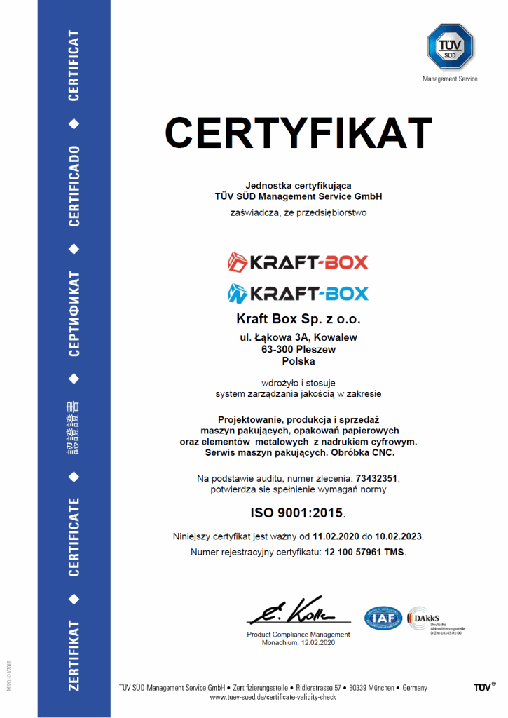 Certyfikat ISO 9001:2015 Kraft-Box