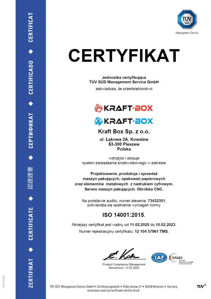 certyfikat firmy Kraft-Box