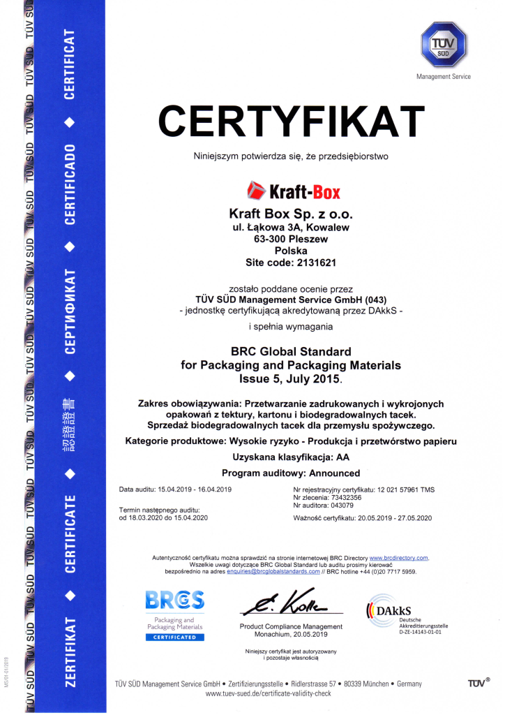 certyfikat firmy Kraft-Box,